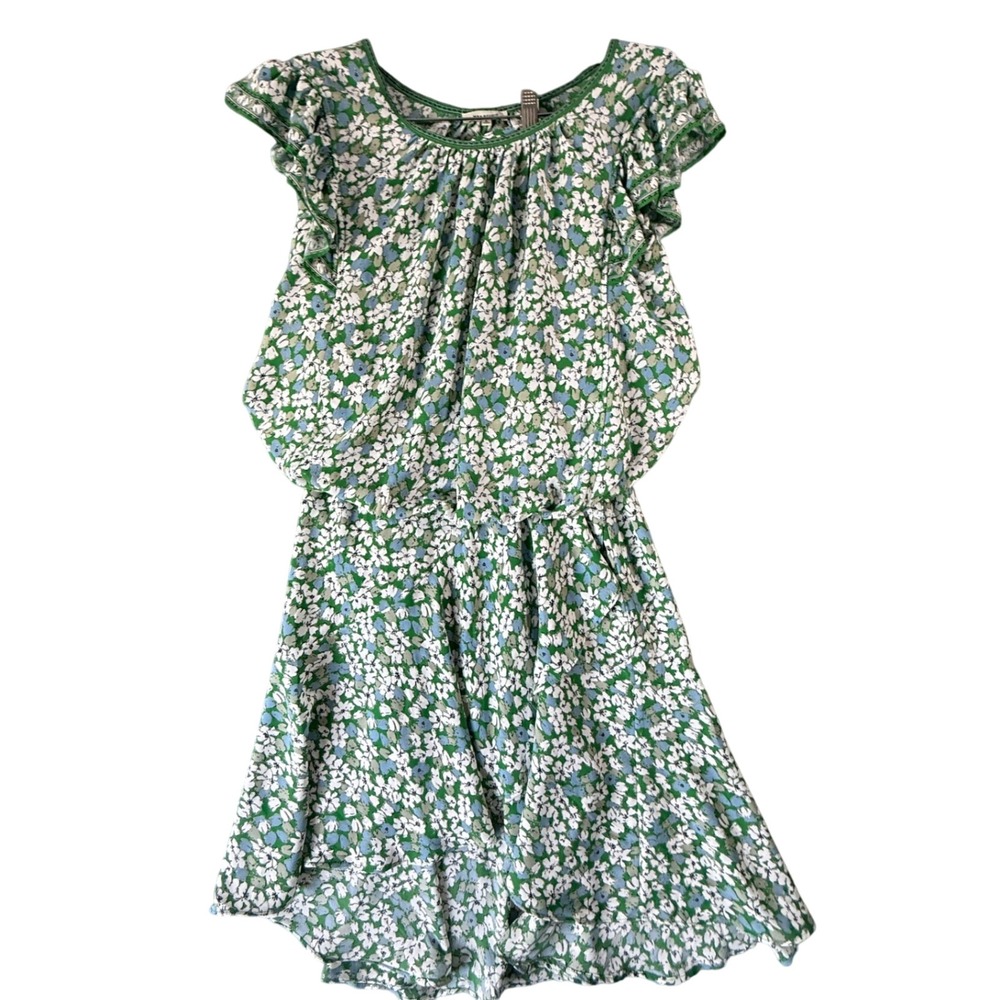 Max Studio Floral Print top+Skirt Women's Small Green Blue White Ruffle Sleeve